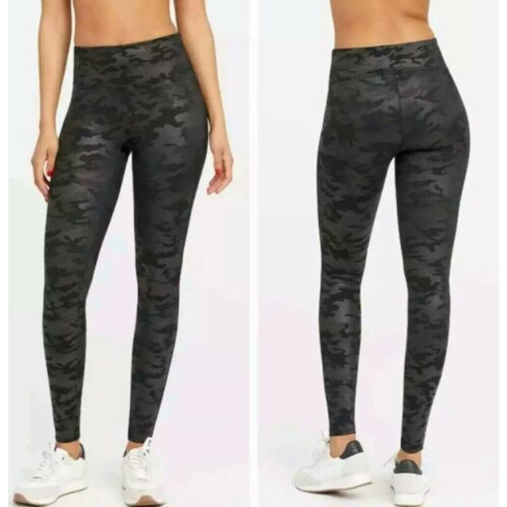 Spanx Faux Leather Camo Leggings Matte Black Sz L Slimming Power Waistband